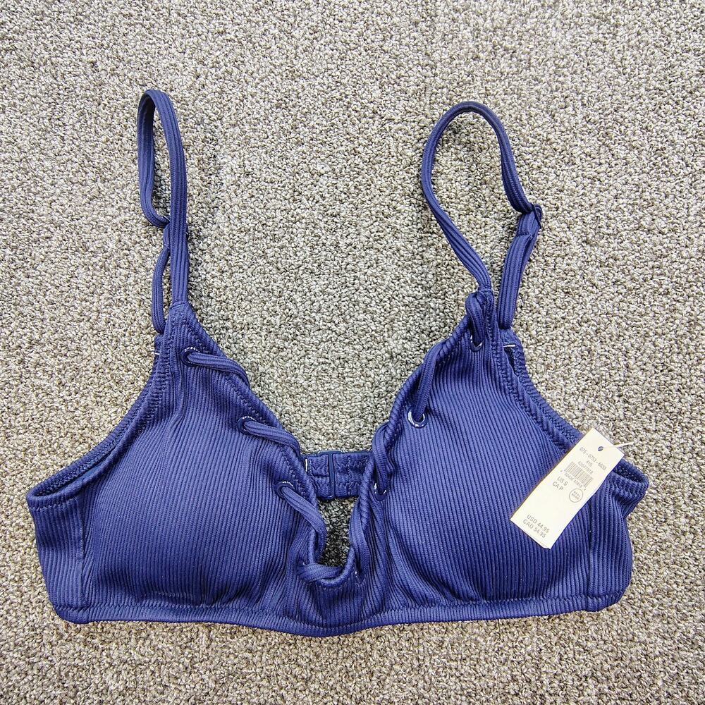 New Aerie Bikini Top Women's Size Small Navy Ribbed Ring Front UPF 50 Swim